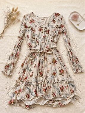 Boho Floral Cream Long Sleeve Dress